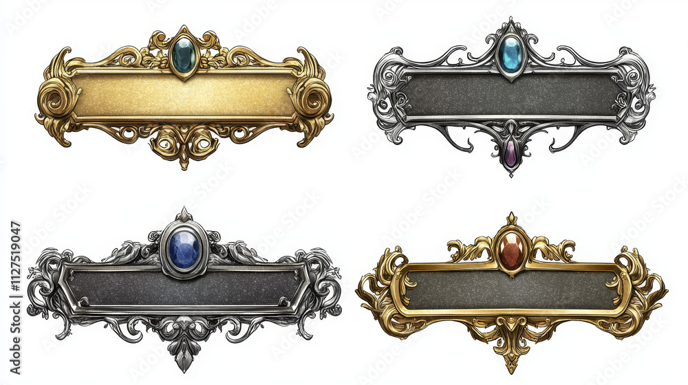 Aufkleber fantasy gold and silver frames in medieval style for rpg game ui design. vector cartoon set of empty