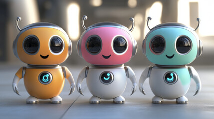3D chatbot mascots set isolated on transparent background. Vector realistic illustration of cute robot character with blue body and happy smiling face, ai assistant, computer bot, future technology