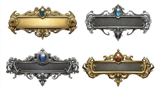 Fantasy gold and silver frames in medieval style for rpg game ui design. Vector cartoon set of empty banners with ancient fancy golden and metal border and purple gems