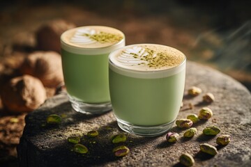 A couple of glasses filled with green liquid, possibly drinks or smoothies
