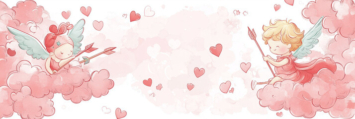 Whimsical Valentine’s banner with illustrated cupid, arrows, and clouds, soft pastel colors, and playful typography for a cheerful, fun atmosphere, generative AI