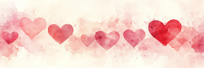 Watercolor-style Valentine’s banner featuring abstract heart shapes in shades of pink and red, soft textures, and a light cream background with ample space for text, generative AI