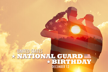 United States National Guard Birthday background with soldiers and the sunset and USA flag on background of cloudy sky.