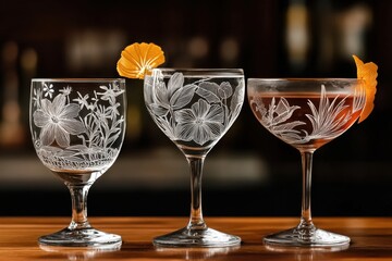Engraved classic cocktail glass illustrations with intricate designs.