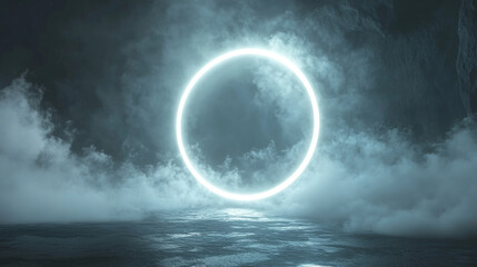 White neon game portal with smoke and glow effect. Realistic vector illustration set of magic teleport podium with beams and steam for gui concept. Futuristic cyberpunk round port with ray and fog.