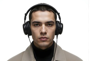 Music concept. Generation z lifestyle. Man listening audio in music headphones. Caucasian man isolated on white. Student guy listen audio. Millennial man listen to music in headphones. Mp3