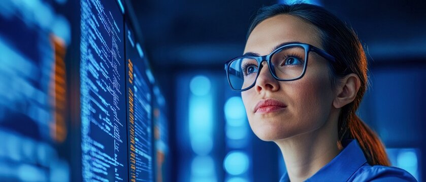 Female System Engineer in Blue Shirt and Glasses Analyzing Data on Digital Screen