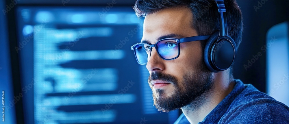 Poster focused programmer wearing headphones at computer screen