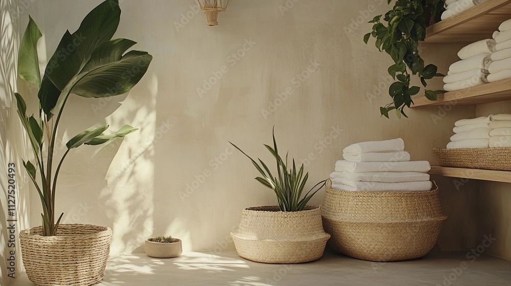 Poster elegant spa setting with plants and neatly arranged towels in a serene environment