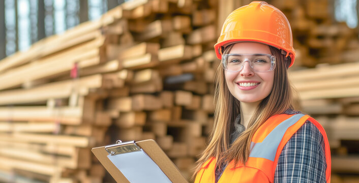 Caucasian technician craft woman holding clipboard with stock timber background at wood factory
