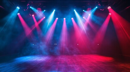 Dynamic neon beams of red and blue lights crossing in a vivid glow.

