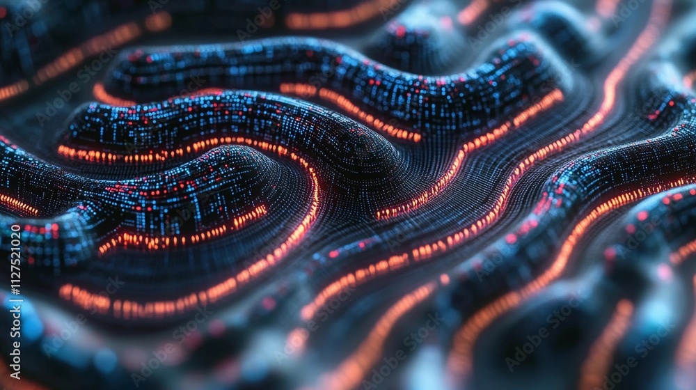 Poster abstract representation of digital waves with glowing elements in a dark environment