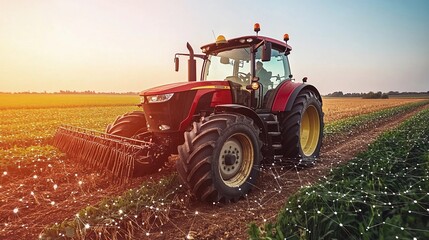 Fototapeta premium Tractor cultivating crops in a sunlit field with modern technology integration