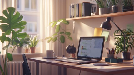 Minimalist office desk setup with a laptop and a cup of coffee, no people present.

