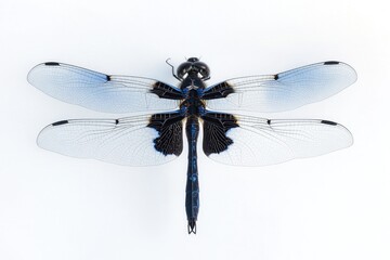 A black and blue dragonfly sits on a white surface, its delicate wings spread out