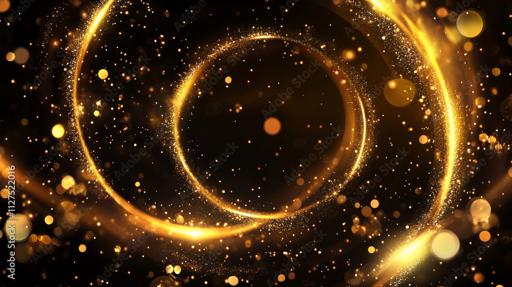 Poster golden glowing circle frame with glitter sparkle on black background. realistic vector illustration 