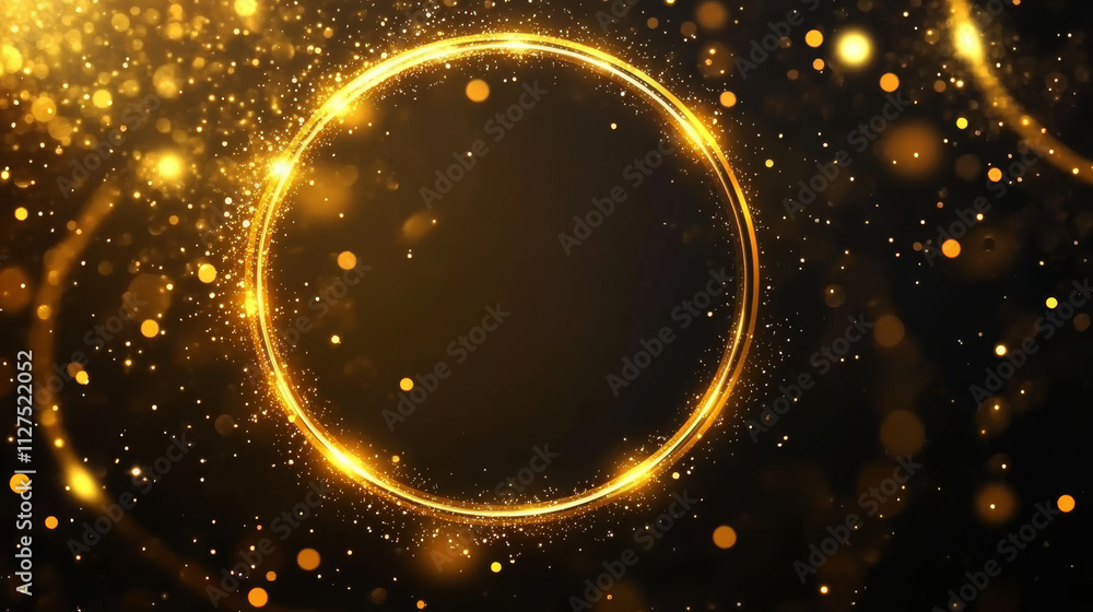 Poster golden glowing circle frame with glitter sparkle on black background. realistic vector illustration 