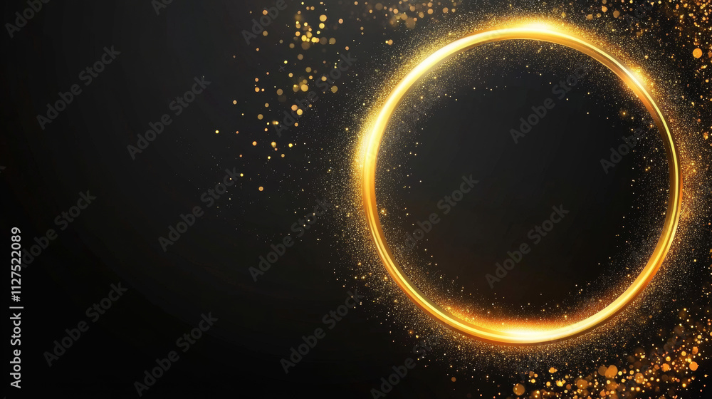 Poster golden glowing circle frame with glitter sparkle on black background. realistic vector illustration 
