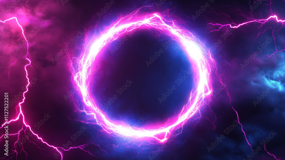Aufkleber round frames of electric lightning with sparks and neon glow. pink and purple sparking discharge in 