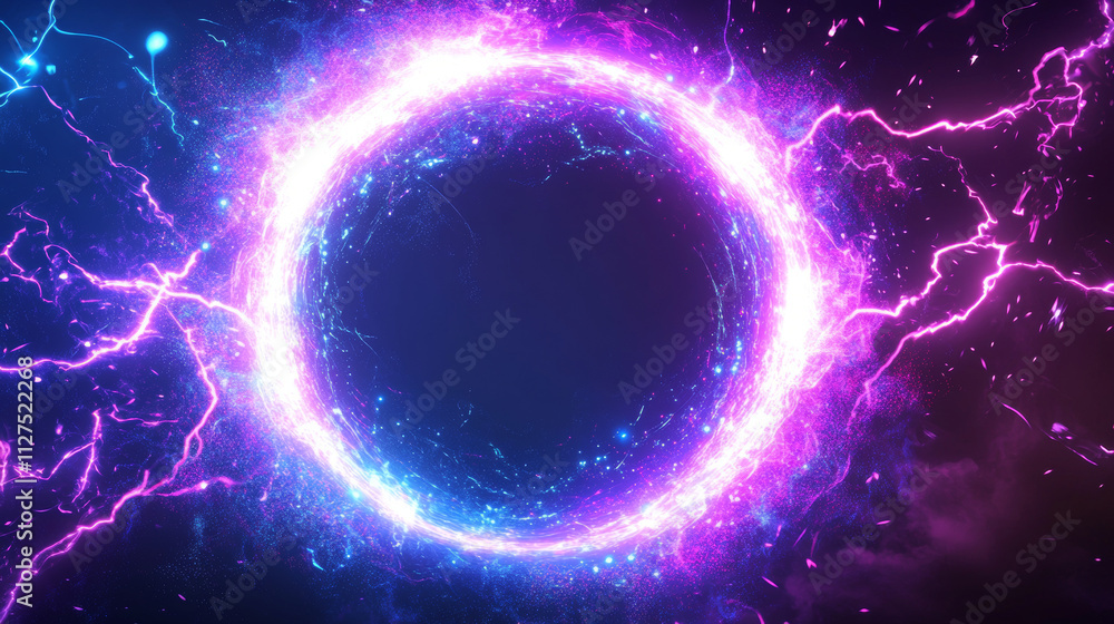 Aufkleber round frames of electric lightning with sparks and neon glow. pink and purple sparking discharge in 