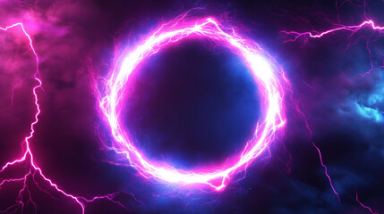 Obraz premium Round frames of electric lightning with sparks and neon glow. Pink and purple sparking discharge in circle shape. Empty banner template with abstract thunder bolt border, vector realistic set