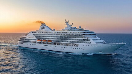 Luxury cruise ship sailing at sunset over calm ocean waters
