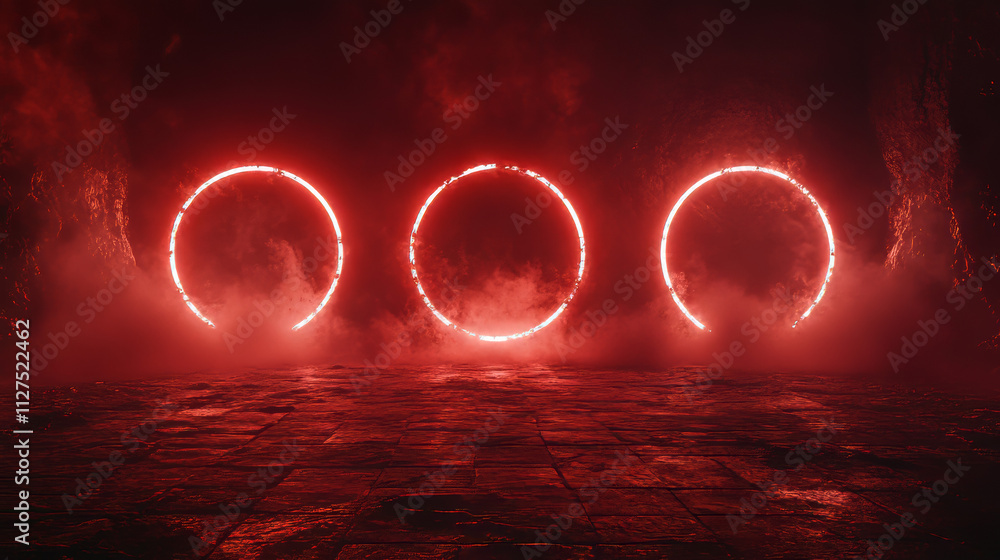 Poster red circle frames set isolated on transparent background. vector realistic illustration of round neo