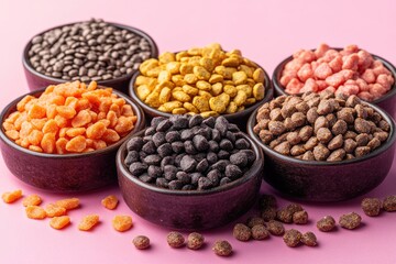 Fototapeta premium Assorted breakfast cereals in colorful bowls