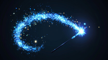 Magic spiral, twist effect with stars and sparkles. Blue swirl of wand isolated on black background. Magician spell, wizard, fairy light, shiny lightnings trace Realistic 3d Vector illustration