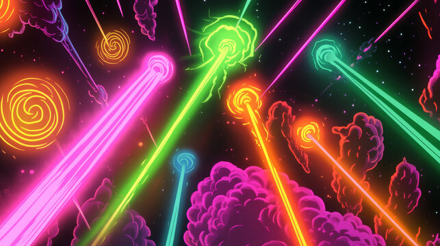 Set of laser gun shots isolated on black background. Vector cartoon illustration of neon color arrows glowing with green lightning, purple spiral, pink love spell, orange fire effects, blaster attack