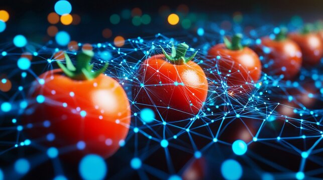 Fresh tomatoes arranged on a digital network background showcasing innovation in agriculture