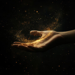 Fototapeta premium Hand from which a stream of power flows. Space around. Dark background.