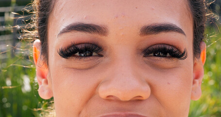 Beauty, eyecare and person with mascara, portrait and makeup for extension, eyelashes and...