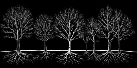 Silhouettes of Bare Trees and Roots Against a Black Background