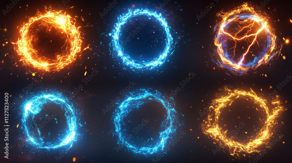 Poster magic portals set with lightning strike and shimmering effects. vector realistic illustration of rou