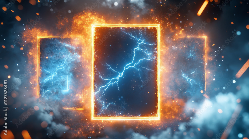 Aufkleber magic portals set with lightning strike and shimmering effects. vector realistic illustration of rou