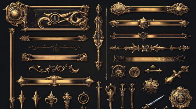 Golden game frames, medieval banners, buttons, ui menu elements, decorated gold borders with ornate rims. Empty royal gui bars for rpg or arcade, web design interface, Cartoon vector illustration