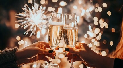 Two hands clinking champagne flutes against a sparkling fireworks backdrop.