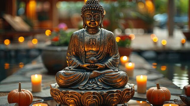 Buddha statue surrounded by candles and decorations in a tranquil garden setting