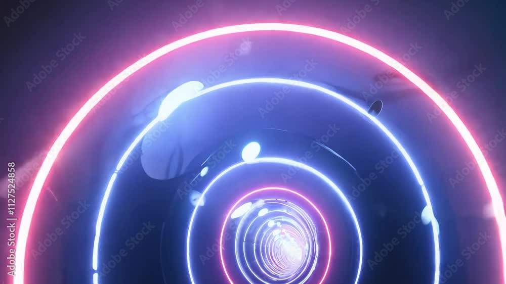 Poster zoom out video with blur through a tunnel of floating orbs with neon glow and light paths