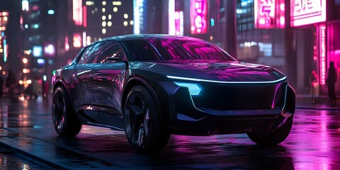 Fototapeta premium Futuristic suv with bold styling captured in a vibrant neon lit cityscape during nighttime, reflecting a modern urban aesthetic