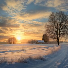 Sunset over winter countryside