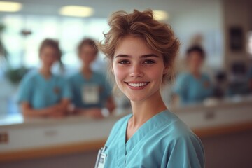 Fototapeta premium A smiling woman wearing a blue scrub suit looking directly at the camera