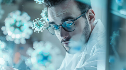 Portrait of a male scientist looking at a laptop where she is studying viruses in a lab. Viruses and bacteria are flying around.