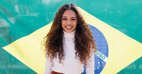 Portrait, smile and woman with Brazilian flag for national pride, support and heritage. Face, happy...