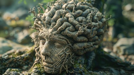 Fototapeta premium A unique sculpture featuring a male figure with a head composed of plants and foliage