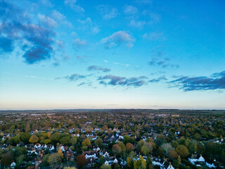 High Angle Footage of Letchworth Garden City of England Great Britain UK. Aerial View Was Captured with Drone's Camera on Cold Evening and During Sunset time of November 11th, 2023
