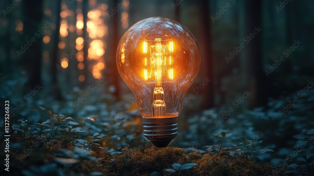 Poster a lone light bulb sits amidst trees in a dense forest, providing a unique source of illumination