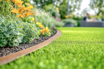 Close-up of vibrant green grass and metal edging with a blurred background of garden maintenance work