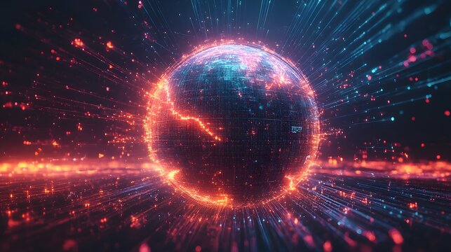 Digital glowing globe surrounded by radiating red and blue data line, symbolizing a connected world